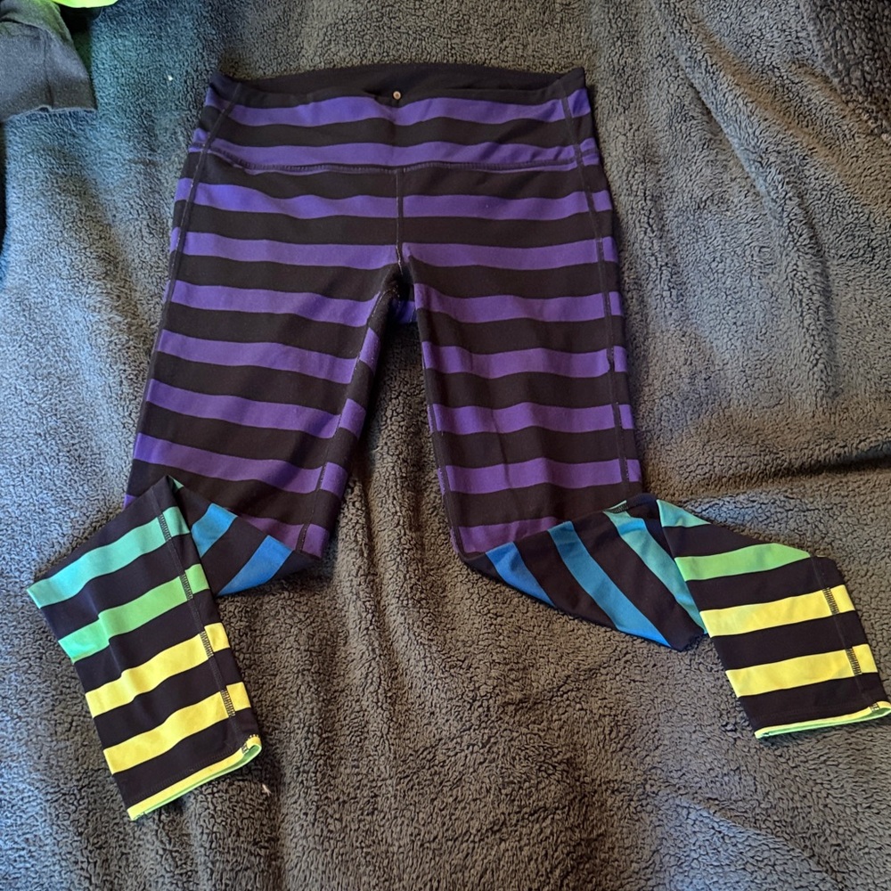 Athleta Purple and Black Striped Leggings with Multicolor Cuffs